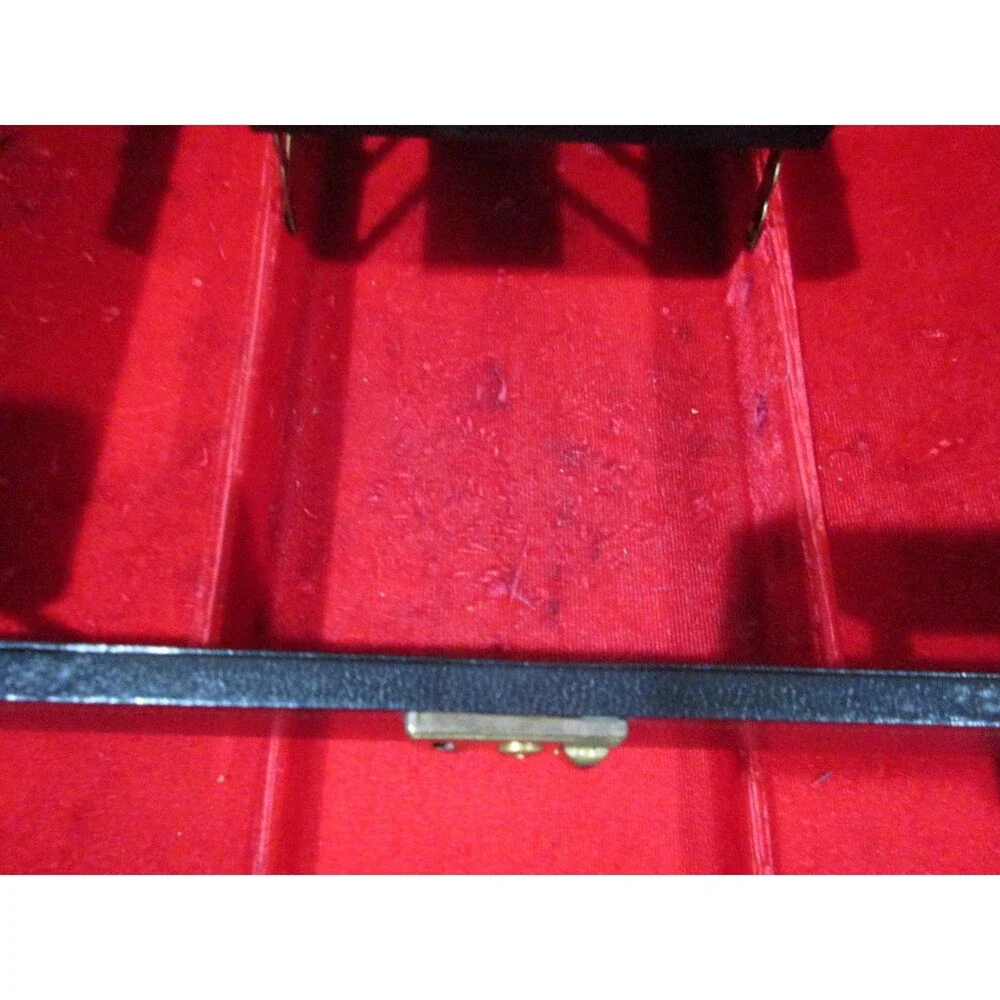 Vtg, Black Faux Leather Mell MCM Jewelry Box Red Velvet 25+Piece Tiered with KEY